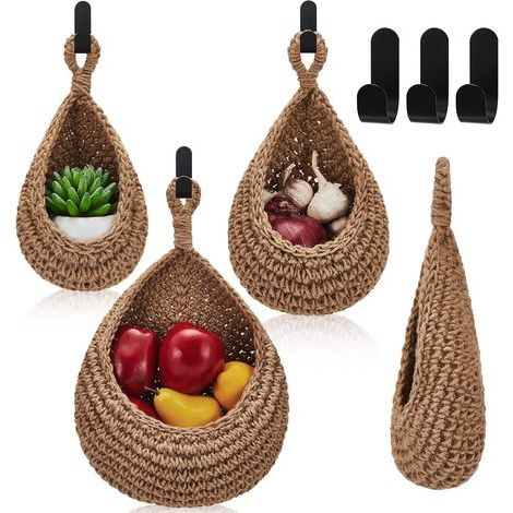 Panier mural à fruits - panier suspendu - panier à oignons - rangement bohème pour fruits - crochet mural adapté aux murs de la cuisine, à la maison ou au restaurant - légumes - 3 tailles (lin) (1/5)