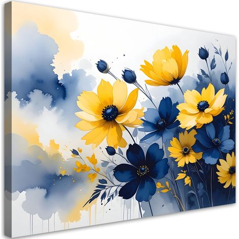 Toile Imprimée, Fleurs jaunes et bleues dans un style aquarelle,30x20 (1/4)