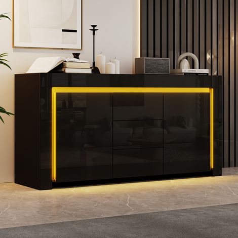 Modernluxe - Buffet moderne 140x40x65 cm - 3 tiroirs et 2 portes - Éclairage LED - Finition brillante - MDF - Noir (1/5)