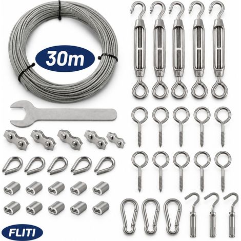 Lot de 59 Cordes Acier Inoxydable 304 30m avec Œillets et Accessoires - Résistant à la Corrosion - Installation Facile (1/5)