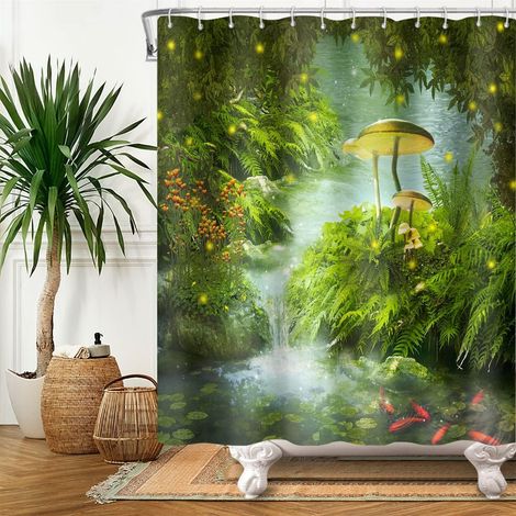 Rivière Rideau De Douche Paysage Naturel Plantes Vertes Feuille De Lotus Pierre Grand Champignon Rideaux De Douche Étanche Salle De Bains Cloison Rideau Décoratif Beau Rideau D'art 183x188cm (1/5)
