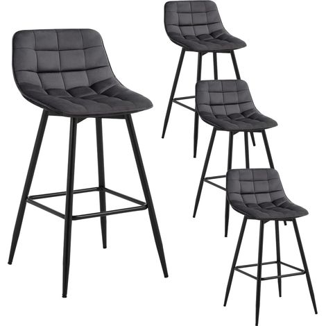 WOLTU 4pcs Bar Stool Velvet Seat w/Backrest & Footrest Metal Leg Kitchen Breakfast, Dark Grey