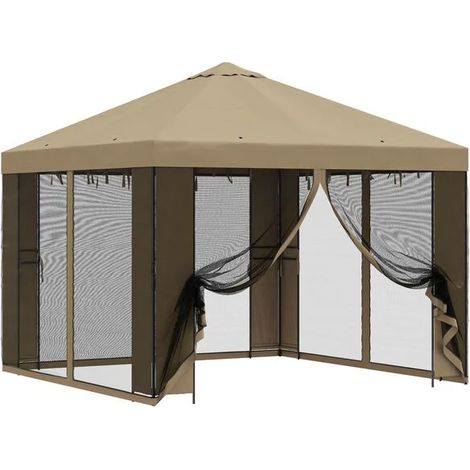 Le chalet de jardin a des murs de 3 x 3 mètres et est fait de fibres de polyester beiges et d'acier. (1/5)