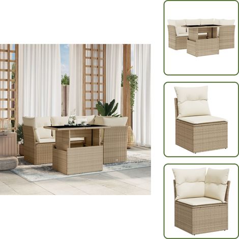5-tlg. Garten-Sofagarnitur mit Kissen Beige Poly Rattan - Gartensorte - Gartenmöbelset - PE-Rattan Möbel - Outdoor Sofa - Lounge Set (1/5)