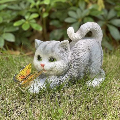 Statue de Chat à énergie Solaire,Papillons Lampes solaires pour extérieur,Figurine de d'animal décorative pour Jardin,Sculpture en résine étanche,Éclairage LED,pour Pelouse,Terrasse (1/5)