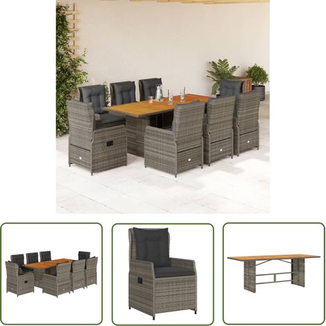 The Living Store 9-tlg. Garten-Essgruppe mit Kissen Grau Poly Rattan - Gartentisch - Gartenmöbel Set - Outdoor Möbel - Esstisch - Gartenlounge (1/5)