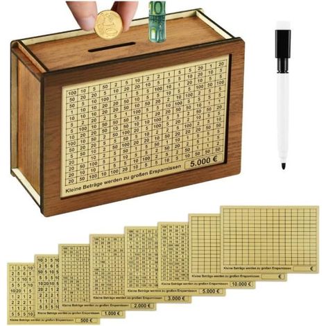 Tirelire en bois avec compteur, 8 autocollants d'objectifs et 1 marqueur, boîte d'épargne avec numéros pour différents objectifs (1/4)