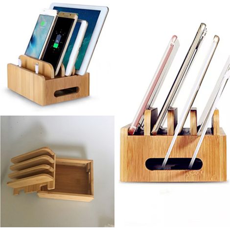 Étagère de Chargement Bambou pour Téléphone, Support de Bureau Mobile avec Rangement (1/5)