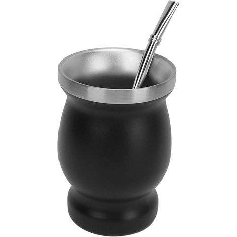 Tasse isotherme en forme de calebasse (230 ml) à double paroi en acier inoxydable avec cuillère, paille et goupillon. Convient également pour le thé, le café et le vin. Couleur : noir. (1/5)