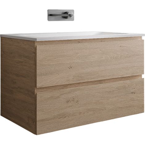 Unterschrank Bernstein AVA 80 cm mit Mineralguss Waschbecken BRUXELLES - Badmöbelfarbe Eiche Honiggold, Waschbecken Weiß matt ohne Hahnloch (1/5)