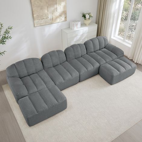 Canapé modulaire U 4 places gris avec 2 poufs. Forme coquille,mousse 32D haute densité,siège profond tissu doux parfait pour salon.