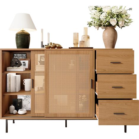 Buffet avec 2 portes coulissantes en résine tressée, 3 tiroirs et 3 niveaux de rangement, meuble de rangement pour salon ou salle à manger, bois clair – CHICFURN (1/5)
