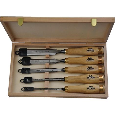 Coffret de 5 ciseaux à bois – Lames en acier chrome vanadium trempé – Manche en bois de charme – Affûtage prêt à l'emploi – Emile Peyron