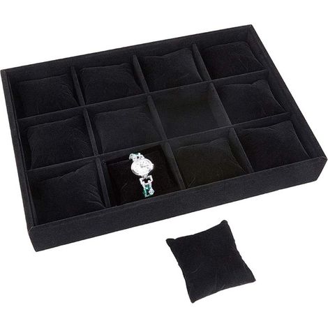 Boite De Rangement Bijoux - Plateau Affichage Montres Bracelets Boucles Doreilles 35x24x4 5 Cm - 12 Compartiments Removibles - Gris Jaune Noir (1/5)