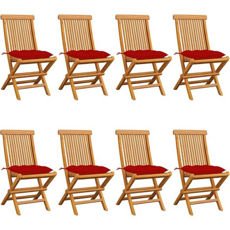 vidaXL Chaises pliantes avec coussins rouges, 8 pièces, en bois de teck massif (1/5)