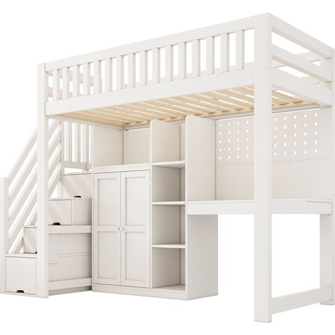 Lit mezzanine enfant blanc 90x200cm avec bureau, armoire-échelle et placard, étagères ouvertes, ports USB/USB-C, sommier à lattes, solution tout-en-un gain de place, sans matelas