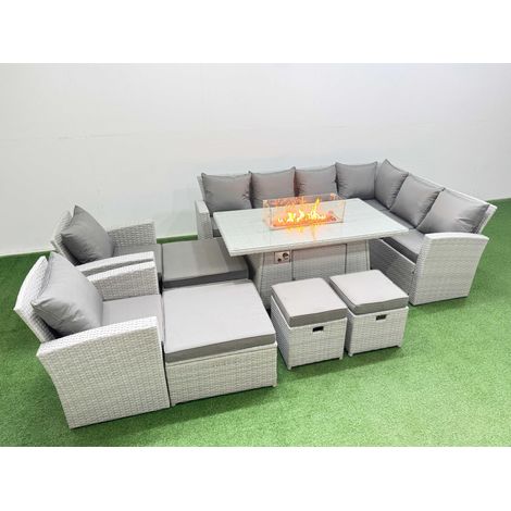 Fimous Outdoor Furniture Garden Dining Set Rattan Corner Sofa Chair Set Gas Fire Pit Table with Temper Glass Footstools Light Grey Mixed (1/4)