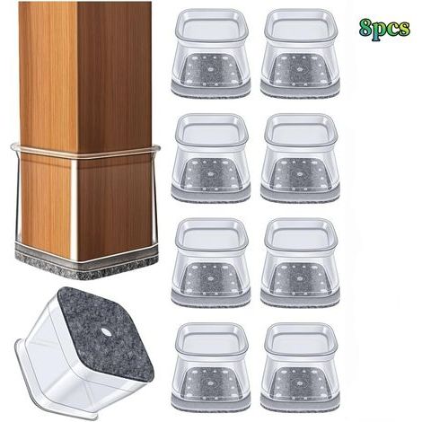 Lot de 8 protège-pieds carrés en silicone gris (2,25 x 2,25 x 3 cm), transparents pour parquet et carrelage, avec patins en feutre. (1/5)