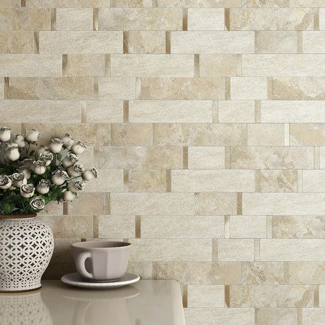 Lot de 10 carreaux de métro autocollants en marbre mat pour cuisine, salle de bain (beige/marron) (1/5)