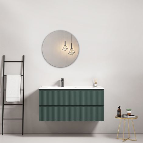 Mobile bagno sospeso cannettato 100 cm Verde Comodoro Lavabo a Sinistra in Ceramica Specchio Tondo - Fiji Paint