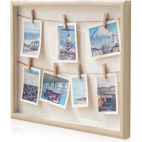 Bois Pele Mele Porte Photo Mural avec 2 Suspension Cordes et 7 Pinces, 3d Devant Cadre Images Collage Accrocher des Cartes, Personnalisation Décoration Maison et Cadeau Mariage Anniversaire (1/5)