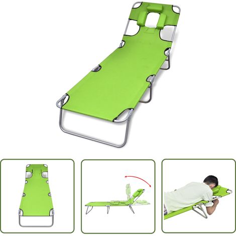 The Living Store Chaise longue avec coussin de tête acier enduit de poudre vert - Chaises Longues - Transats - Mobilier De Jardin - Chaises De Jardin - Relaxations (1/5)
