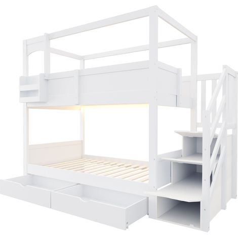 Letto a castello bambino 90 x 200 cm stile casetta con vani, lavagna e scala con cassetti, bianco (1/5)