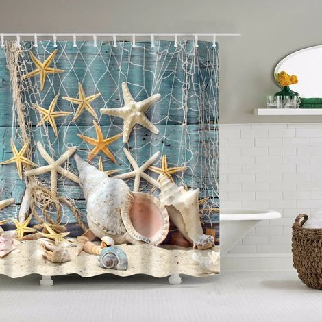 Rideau de douche à motif coquillages, étoiles de mer, conques, palmiers bleus et coucher de soleil, décor de salle de bain, 240 x 180 cm (94 x 70 pouces), 240 x 180 cm (94 x 70 pouces)