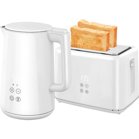 Wasserkocher Toaster Set 1,5L Wasserkocher 2 Toastscheiben 2200W Frühstücksset mit 7 Bräunungsstufen, Auftau- & Aufwärmfunktion, automatischer Abschaltung und LED-Anzeige, Weiß