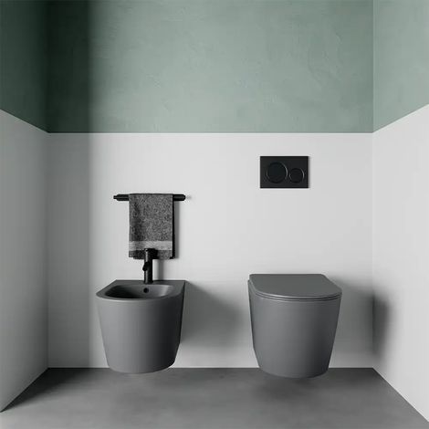 Paire de sanitaires suspendus en céramique sans rebord gris mat avec WC, bidet et couvercles Soft-close Mod. Vienna (1/5)