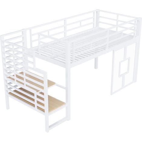 Metall-Hochbett 90 x 200 cm in Weiß mit Treppe, Stauraum und Fenstern (1/5)