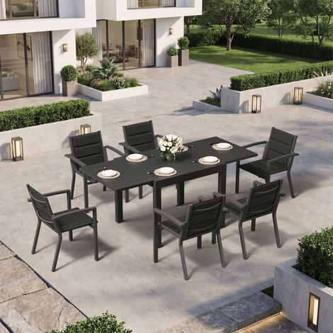 Devoko – Ensemble table chaise jardin 6 personnes – Table extensible 80/160 cm – Chaises empilables en aluminium – Résistant aux intempéries – Gris (1/5)