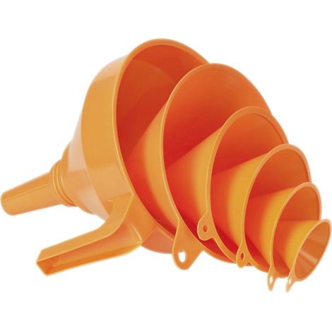 Pressol – Trichterset 6-teilig HDPE orange – Ø 50, 75, 100, 120, 150, 160 mm – Öl-, säure- und kraftstoffbeständig – Mit Grifflaschen
