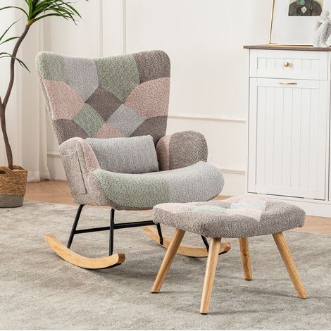 Fauteuil à bascule en velours multicolore avec repose-pieds, coussin lombaire amovible et base en bois, pour salon, chambre ou terrasse, confort stable jusqu’à 250 lb - CHICFURN (1/5)