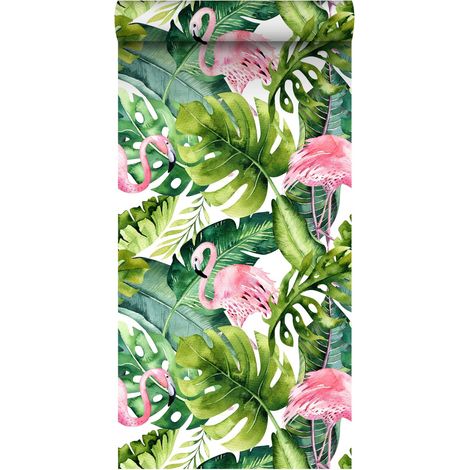papier peint intissé XXL feuilles tropicales avec des flamants roses vert et rose  - ESTAhome (1/5)