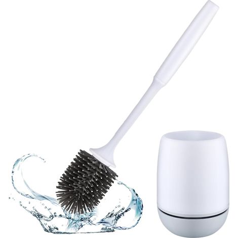 Brosse WC avec socle, set de brosses WC en silicone, poils en silicone ne se rayent pas facilement, peut être montée au mur ou posée au sol (lot de 1) Blanc (1/5)