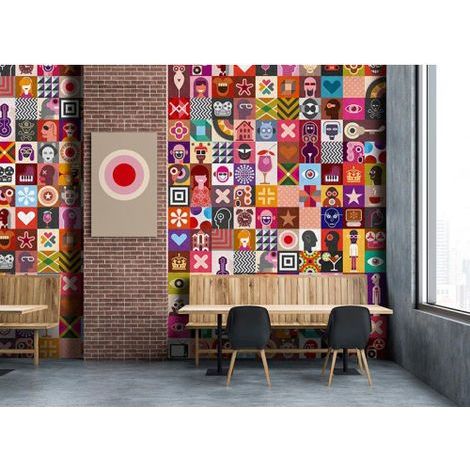 Papier peint panoramique graphique coloré pour bureau Tapisserie panoramique géométrique moderne Papier peint panoramique personnages multicolores (1/3)