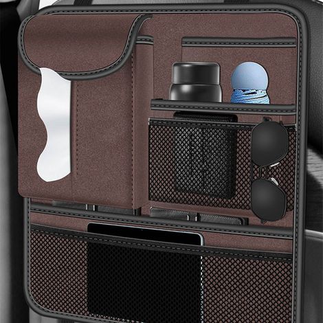 Pochette de rangement dossier de siège auto brun, organiseur multifonction suspendu pour banquette arrière, porte téléphone, portefeuille, lunettes, boîte de mouchoirs (1/5)