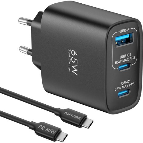 Chargeur USB C 65W, 3-Ports Prise USB C Rapide PD3.0 avec 60W Câble (1/5)