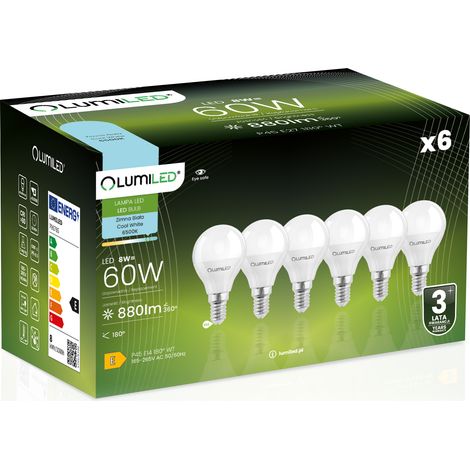6 lampadine LED E14 a sfera P45 8W = 60W 880lm 6500K Luce fredda 180° (1/5)