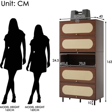 Buffet en noyer et rotin, 80 x 40 x 163 cm, armoire haute à 5 portes, commode en bois avec pieds en métal, grand espace de rangement, idéal pour le salon, l'entrée, la cuisine ou un dressing. (1/5)