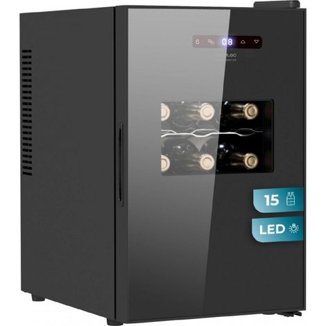 Temperaturgeregelter 15-Flaschen Fassungsvermögen Weinkühlschrank mit thermoelektrischem Kühlsystem sorgt für hohe Leistung. Einstellbare Temperatur und LED-Innenbeleuchtung.