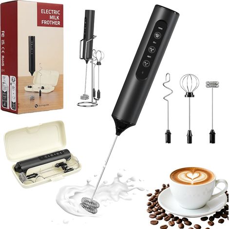 Mousseur à Lait ÉLectrique Portable 3 En 1 Avec ÉTui De Rangement 3 Vitesses, 3 TêTes De Mixage, Recharge Usb Type C Et Support, Adapté Pour Cappuccino, Latte Et Matcha (1/5)