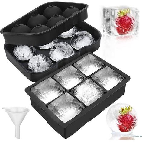 Juego de 2 cubiteras de silicona, Redonda y cuadrada, Reutilizables, Fáciles de extraer, Aptas para whisky, cócteles, bourbon y brandy, Negras (1/5)