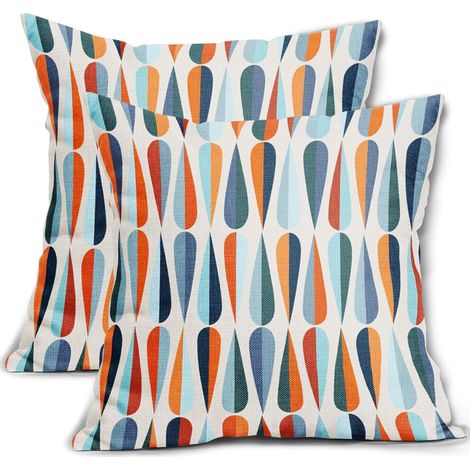Housse de coussin décorative moderne de style médiéval, 50 x 50 cm, ensemble de deux pièces, motif en forme de larme bleu et orange, coussin décoratif, housse de coussin vintage style extérieur/ferme.