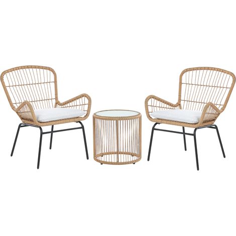 Conjunto de jardín de ratán color natural para exteriores con cojines grises mesa de cristal Labico (1/5)