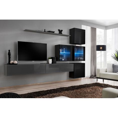 Ensemble mural - Switch XIX - 4 vitrines - 2 bancs TV - 1 étagère - Noir et graphite - Modèle 1 - Livraison gratuite