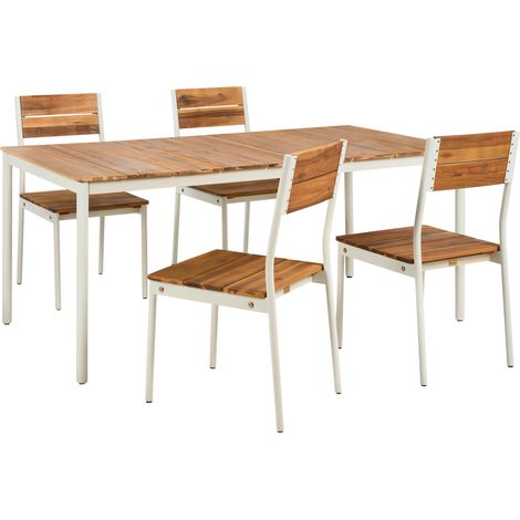 Mesa de comedor de jardín moderna con 4 sillas de madera de acacia con listones y estructura de metal marrón Giovinazzo (1/5)