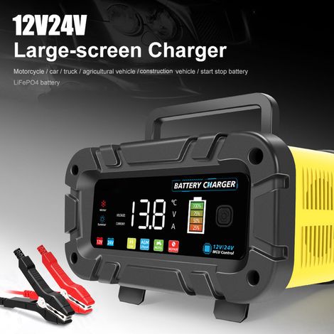Chargeur de batterie, chargeur automatique intelligent 12 V et 24 V avec grand écran d'affichage, mainteneur pour voitures camions motos tondeuses à gazon bateaux batteries au plomb. (1/4)