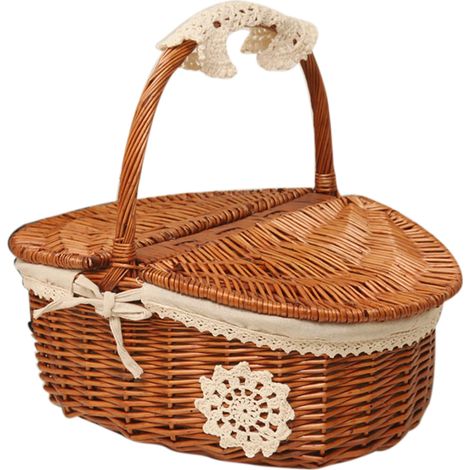 Panier en osier tressé artisanal pour pique-nique, camping, courses et rangement, avec couvercle et anse en bois